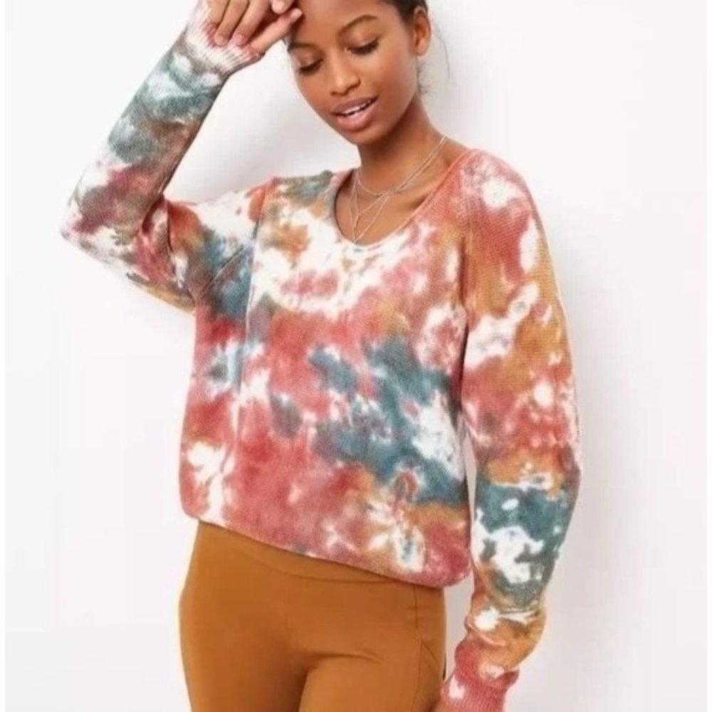 Lou & Grey Tie-Dye Colorful Oversize Thermal Ribbed Knit Long Sleeve Sweater M